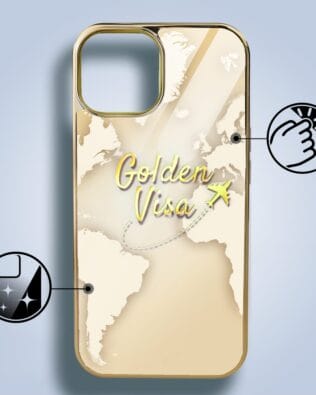 Etui do iPhone 13 IBIZU Elite Glass 3D, szklany tył, złota mapa świata z napisem Golden Visa, złote