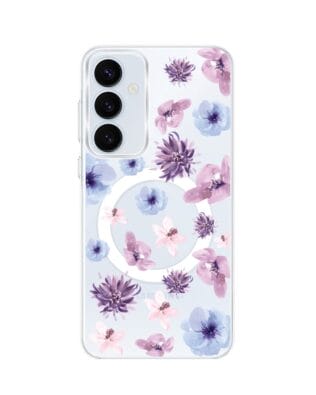 Etui do Samsung Galaxy A35 5G z MagSafe przeźroczyste, silikonowe Flexi, kwiatki niebieskie, fioletowe