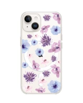 Etui do iPhone 13 z MagSafe przeźroczyste, silikonowe Flexi, kwiatki niebieskie, fioletowe