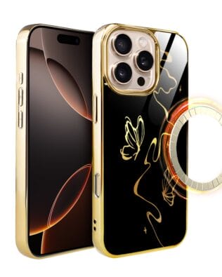 Etui do iPhone 16 Pro Max IBIZU Elite Glass z MagSafe, szklany tył, Golden Midnight, Efekt motyla, złote
