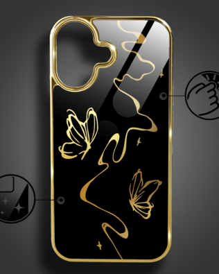 Etui do iPhone 16 IBIZU Elite Glass z MagSafe, szklany tył, Golden Midnight, Efekt motyla, złote