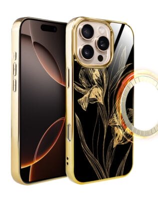Etui do iPhone 16 Pro IBIZU Elite Glass z MagSafe, szklany tył, Golden Midnight, Królewskie irysy, złote
