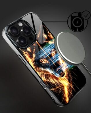Etui do iPhone 16 Pro Max IBIZU Elite Glass z MagSafe, szklany tył, ognisty wilk, czarny chrom