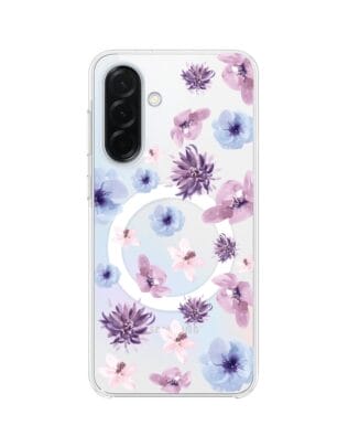 Etui do Samsung Galaxy A36 5G z MagSafe przeźroczyste, silikonowe Flexi, kwiatki niebieskie, fioletowe