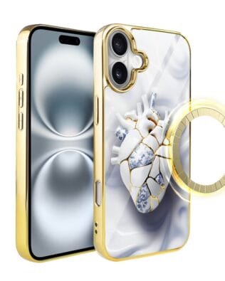 Etui do iPhone 16 IBIZU Elite Glass z MagSafe, Kintsugi Art, porcelanowe serce, złote