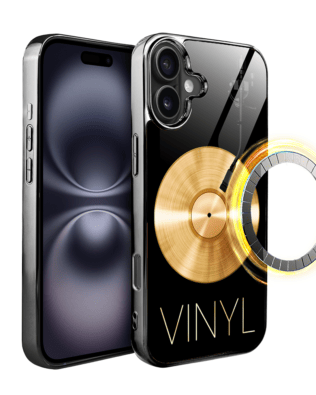Etui do iPhone 16 IBIZU Elite Glass z MagSafe, szklany tył, Golden Midnight, Vinyl Lux, czarne