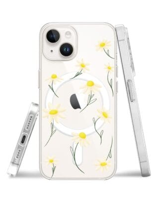 Etui do iPhone 14 Plus z MagSafe przeźroczyste, silikonowe Flexi, stokrotki