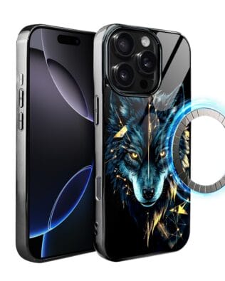 Etui do iPhone 16 Pro Max IBIZU Elite Glass z MagSafe, szklany tył, wilk mocy, czarny chrom