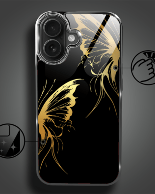 Etui do iPhone 16 IBIZU Elite Glass z MagSafe, szklany tył, Golden Midnight, Skrzydła motyla, czarne