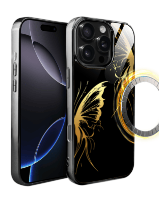 Etui do iPhone 16 Pro IBIZU Elite Glass z MagSafe, szklany tył, Golden Midnight, Skrzydła motyla, czarne