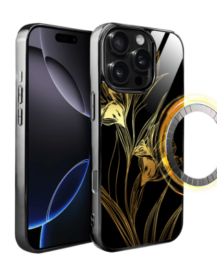 Etui do iPhone 16 Pro IBIZU Elite Glass z MagSafe, szklany tył, Golden Midnight, Królewskie irysy, czarne
