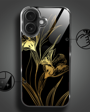 Etui do iPhone 16 Plus IBIZU Elite Glass z MagSafe, szklany tył, Golden Midnight, Królewskie irysy, czarne