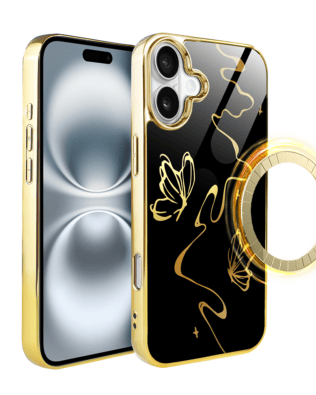 Etui do iPhone 16 Plus IBIZU Elite Glass z MagSafe, szklany tył, Golden Midnight, Efekt motyla, złote
