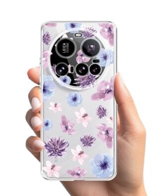 Etui do Xiaomi 15 Ultra przeźroczyste, silikonowe Flexi, kwiatki niebieskie, fioletowe