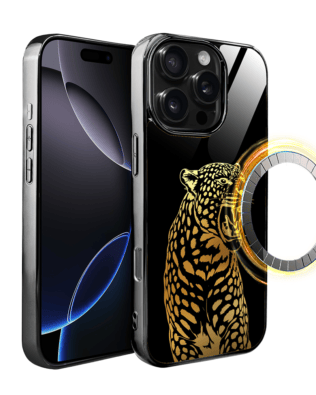 Etui do iPhone 16 Pro Max IBIZU Elite Glass z MagSafe, szklany tył, Golden Midnight, Ryczący Jaguar, czarne