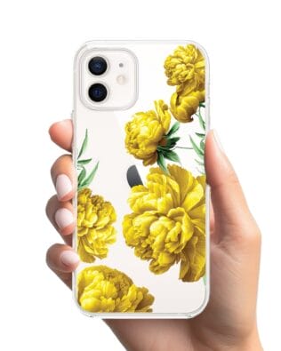 Etui do iPhone 12 przeźroczyste, silikonowe Flexi, żółte piwonie