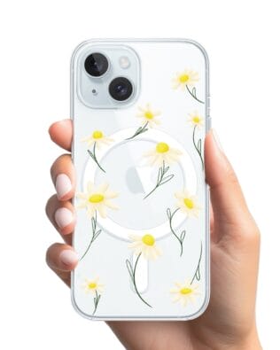 Etui do iPhone 15 Plus z MagSafe przeźroczyste, silikonowe Flexi, stokrotki