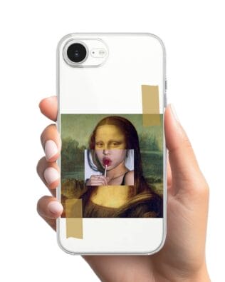 Etui do iPhone 16e przeźroczyste, silikonowe Flexi, Mona Lisa z lizakiem