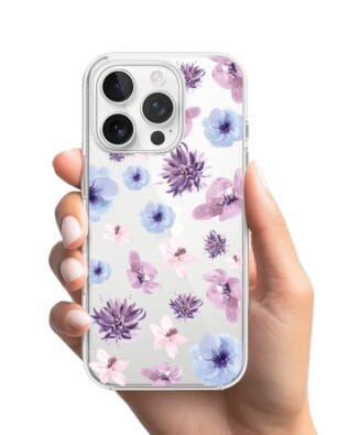 Etui do iPhone 14 Pro Max przeźroczyste, silikonowe Flexi, kwiatki niebieskie, fioletowe