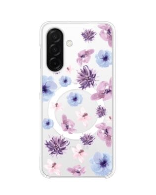 Etui do Samsung Galaxy A26 5G z MagSafe przeźroczyste, silikonowe Flexi, kwiatki niebieskie, fioletowe