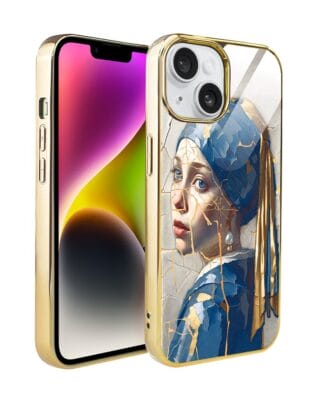 Etui do iPhone 14 IBIZU Elite Glass, szklany tył, Kintsugi Art, kobieta z perłą, złote