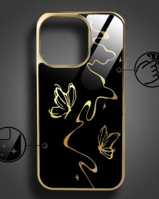 Etui do iPhone 16 Pro IBIZU Elite Glass z MagSafe, szklany tył, Golden Midnight, Efekt motyla, złote