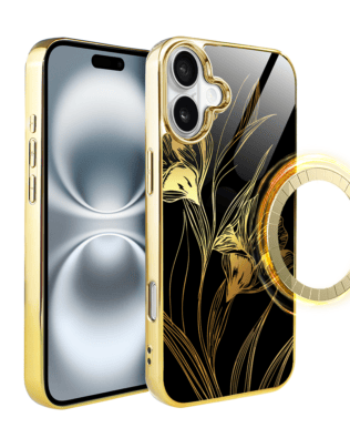 Etui do iPhone 16 IBIZU Elite Glass z MagSafe, szklany tył, Golden Midnight, Królewskie irysy, złote