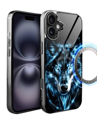 Etui do iPhone 16 Plus IBIZU Elite Glass z MagSafe, szklany tył, lodowy wilk, czarny chrom