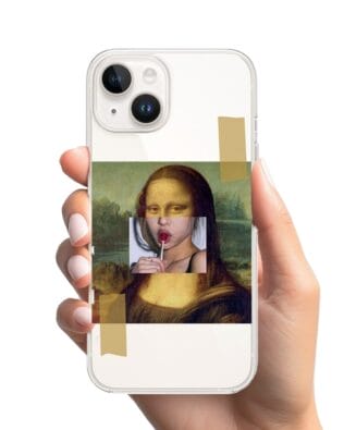 Etui do iPhone 13 przeźroczyste, silikonowe Flexi, Mona Lisa z lizakiem