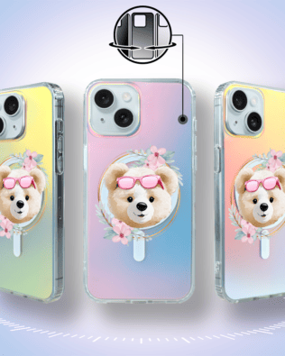 Etui do iPhone 15 IBIZU California Sunset z MagSafe, zmieniające kolor, Flower Queen, miś z kwiatami