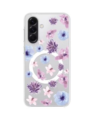 Etui do Samsung Galaxy A56 5G z MagSafe przeźroczyste, silikonowe Flexi, kwiatki niebieskie, fioletowe