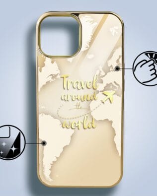 Etui do iPhone 14 IBIZU Elite Glass 3D, szklany tył, złota mapa świata z napisem Travel around the World, złote