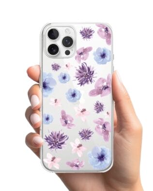 Etui do iPhone 12 Pro Max przeźroczyste, silikonowe Flexi, kwiatki niebieskie, fioletowe