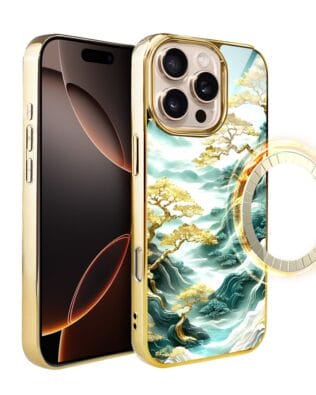 Etui do iPhone 16 Pro Max IBIZU Elite Glass z MagSafe, szklany tył, złote drzewa w stylu japońskim, złote