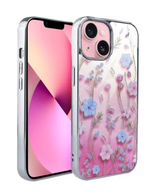 Etui do iPhone 13 IBIZU Elite Glass 3D, szklany tył, letnie kwiaty o zachodzie słońca, srebrne