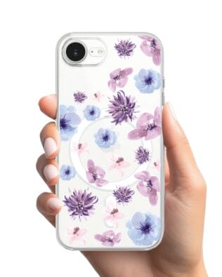 Etui do iPhone 16e z MagSafe przeźroczyste, silikonowe Flexi, kwiatki niebieskie, fioletowe