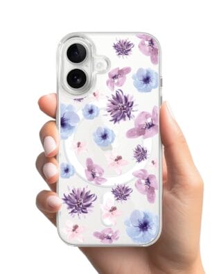 Etui do iPhone 16 z MagSafe przeźroczyste, silikonowe Flexi, kwiatki niebieskie, fioletowe