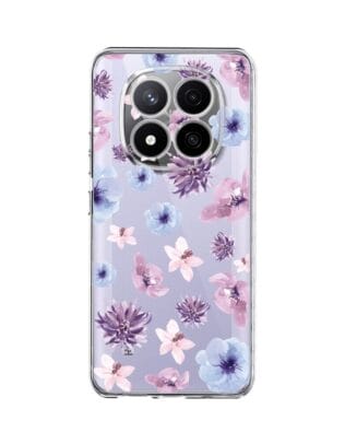 Etui do Xiaomi Redmi Note 14 Pro Plus 5G przeźroczyste, silikonowe Flexi, kwiatki niebieskie, fioletowe