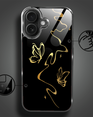 Etui do iPhone 16 IBIZU Elite Glass z MagSafe, szklany tył, Golden Midnight, Efekt motyla, czarne