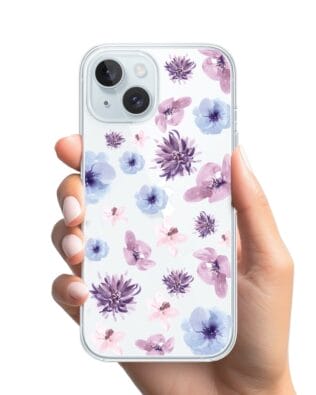 Etui do iPhone 15 Plus przeźroczyste, silikonowe Flexi, kwiatki niebieskie, fioletowe