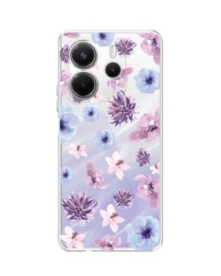 Etui do Xiaomi Redmi Note 14 4G przeźroczyste, silikonowe Flexi, kwiatki niebieskie, fioletowe