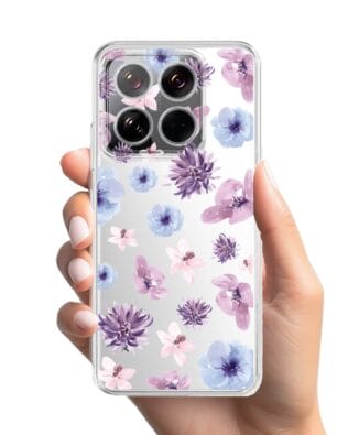 Etui do Xiaomi 14 przeźroczyste, silikonowe Flexi, kwiatki niebieskie, fioletowe