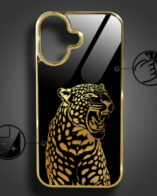 Etui do iPhone 16 IBIZU Elite Glass z MagSafe, szklany tył, Golden Midnight, Ryczący Jaguar, złote