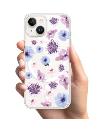 Etui do iPhone 13 Mini z MagSafe przeźroczyste, silikonowe Flexi, kwiatki niebieskie, fioletowe