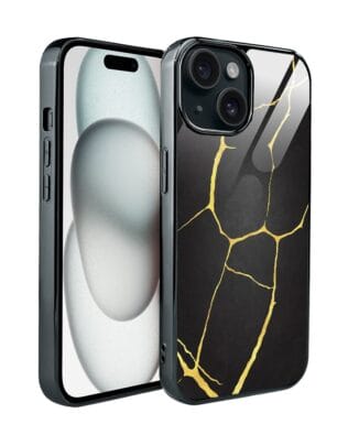 Etui do iPhone 15 IBIZU Elite Glass, szklany tył, Kintsugi Art, czarna porcelana, czarne