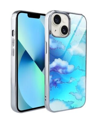 Etui do iPhone 13 IBIZU Elite Glass, szklany tył, chmurki, srebrne