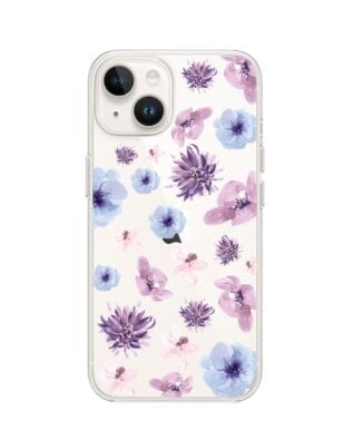 Etui do iPhone 14 Plus przeźroczyste, silikonowe Flexi, kwiatki niebieskie, fioletowe