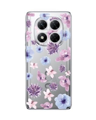 Etui do Xiaomi POCO X7 przeźroczyste, silikonowe Flexi, kwiatki niebieskie, fioletowe
