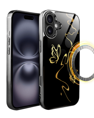 Etui do iPhone 16 IBIZU Elite Glass z MagSafe, szklany tył, Golden Midnight, Efekt motyla, czarne