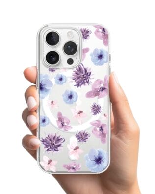 Etui do iPhone 14 Pro Max z MagSafe przeźroczyste, silikonowe Flexi, kwiatki niebieskie, fioletowe